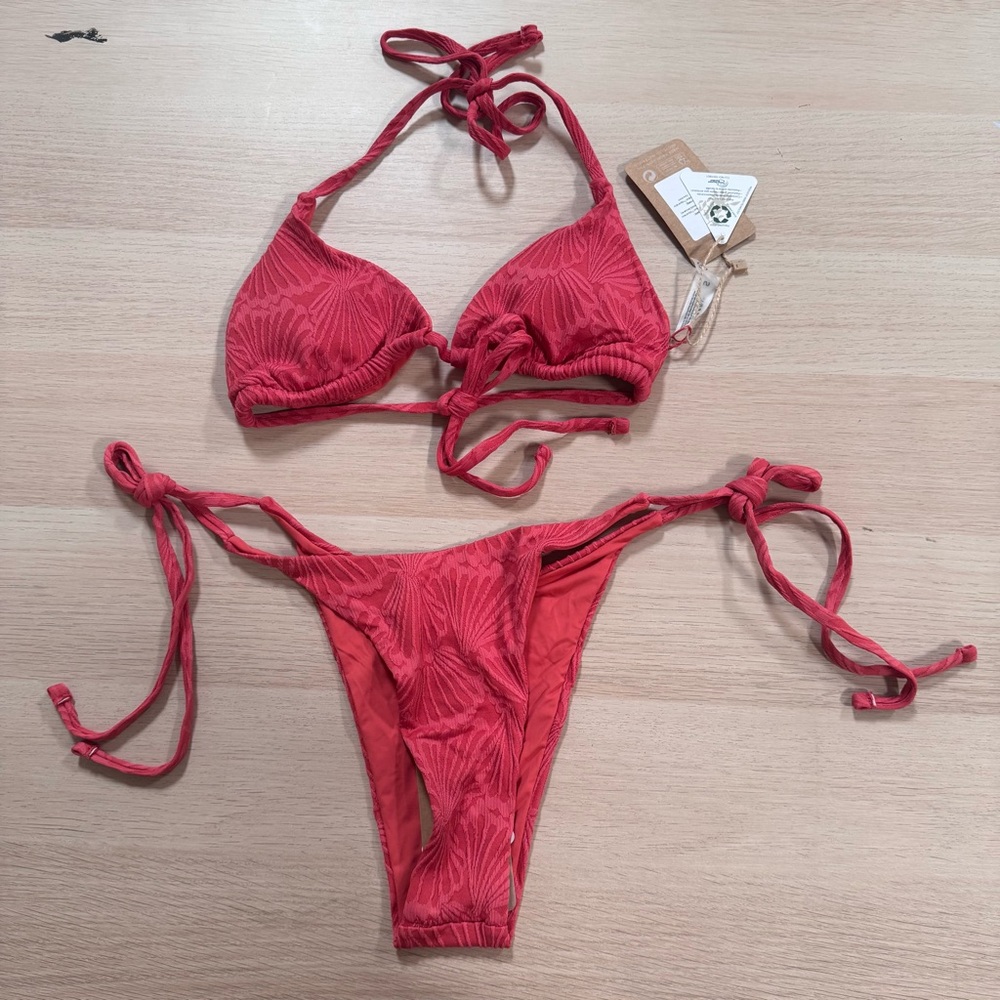 Berlook Textured Red Tie-Side Triangle Bikini - Women's Swim B09
